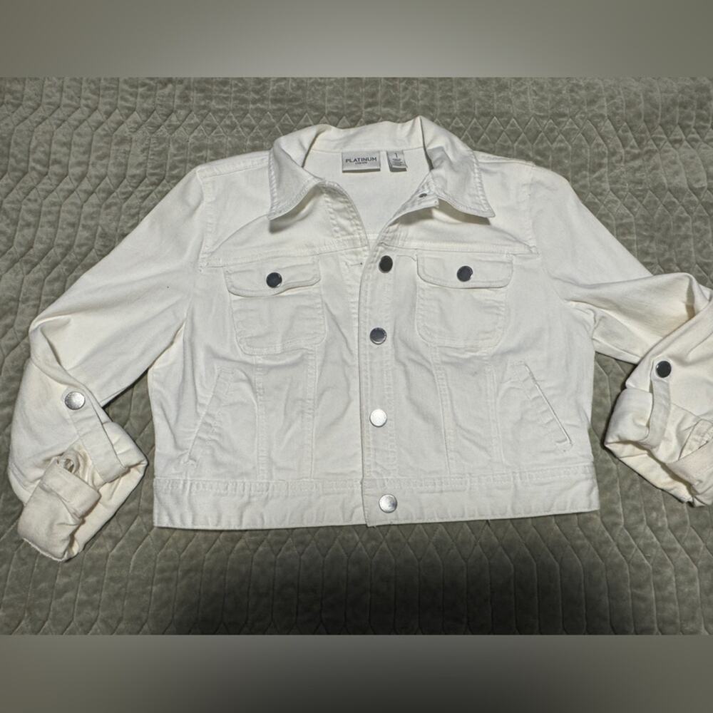 Chicos Platinum White Jean Jacket Silver Accents